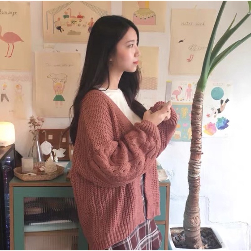 Áo len dày dặn họa tiết xoắn áo, áo khoác Cardigan dệt kim phong cách rộng rãi