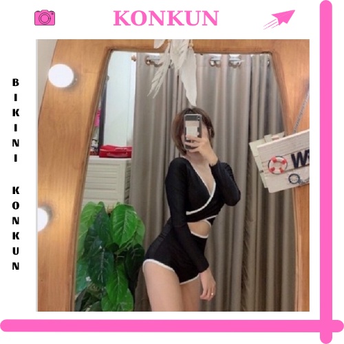 Bikini Đồ bơi tay dài đi biển màu đen viền trắng cột dây ngực KONKUN MS04