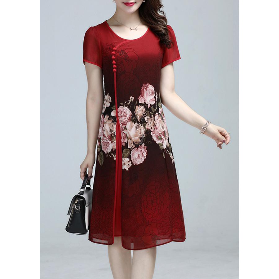 GOTI - Đầm Suông Trung Niên Bigsize Kiểu Chữ A In Hoa Mẫu Đơn Cổ Tàu Màu Xanh Lá 3235
