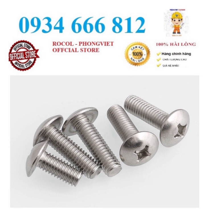 Set 50c vít pake đầu dù thân bulong INOX 304 M5, M5X10, M5X12 ,M5X16, M5X20, M5X25,M5X30