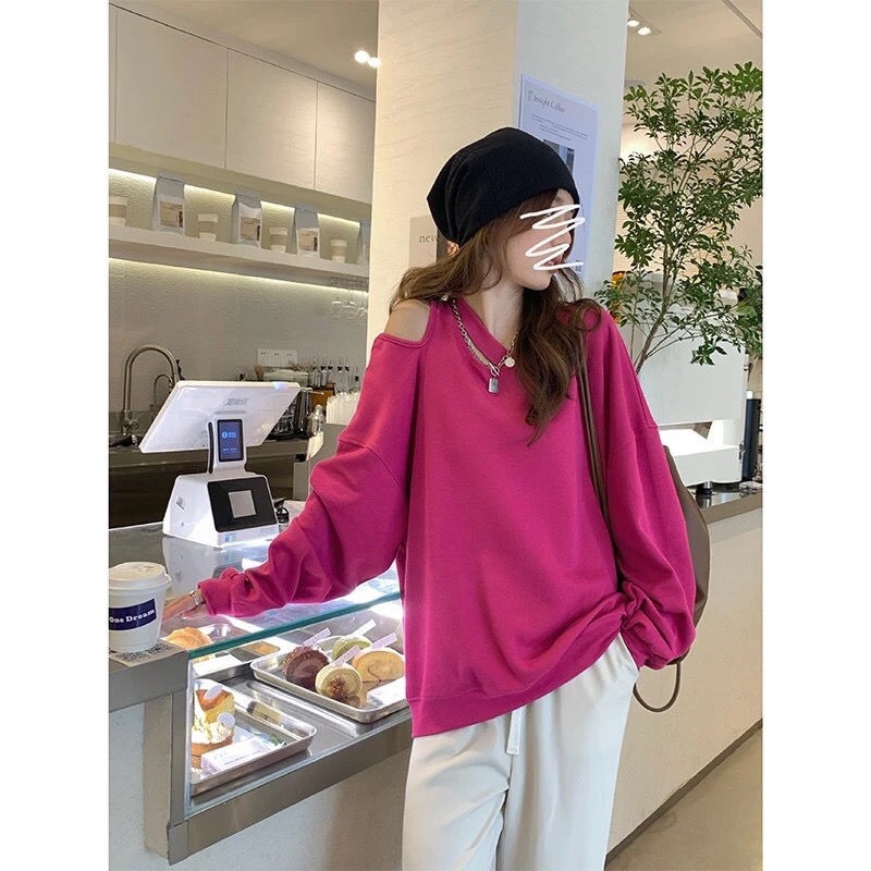 COZOK Áo len tay dài trễ vai dáng rộng phong cách Hàn Quốc