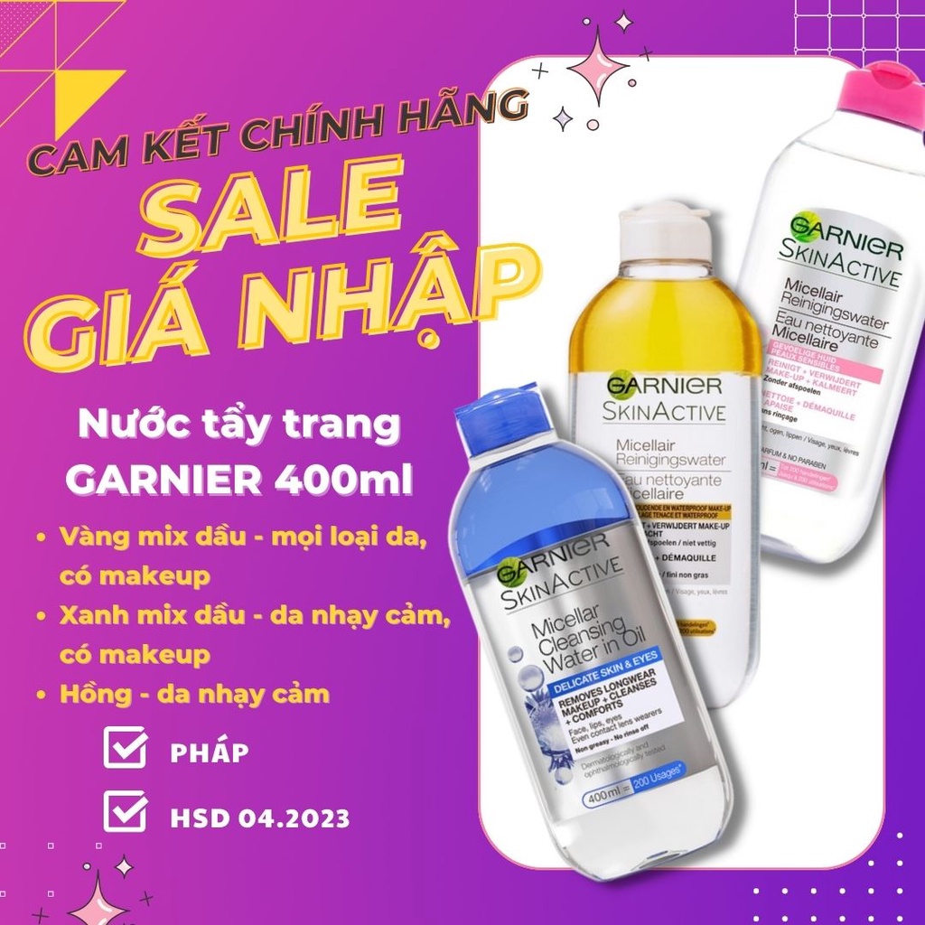 [Loại 400ml] Nước Tẩy Trang Micellar Garnier Hồng/ Vàng/ Xanh Skinactive Cleansing Water