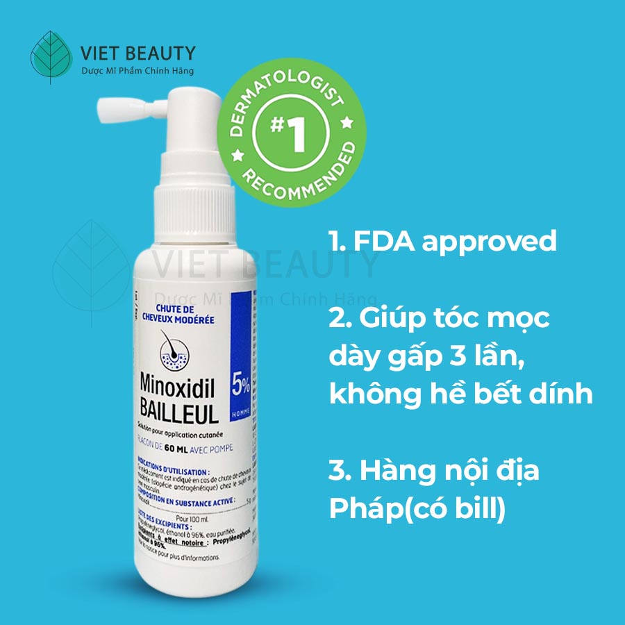 Sản phẩm Giảm Rụng Tóc Minoxidil Bailleul 5% - NHẬP KHẨU PHÁP - NGĂN RỤNG TÓC, KÍCH THÍCH MỌC TÓC  [Hộp 3 lọ 60ml]