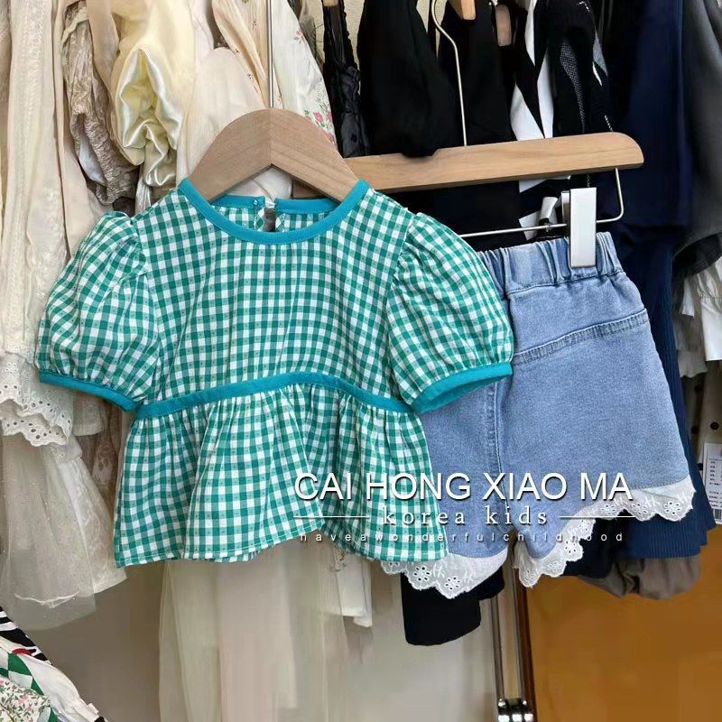 Set Áo Sơ Mi Tay Phồng Họa Tiết Sọc Caro Và Quần Jean Thời Trang Mùa Hè Hàn Quốc Mới Cho Bé Gái