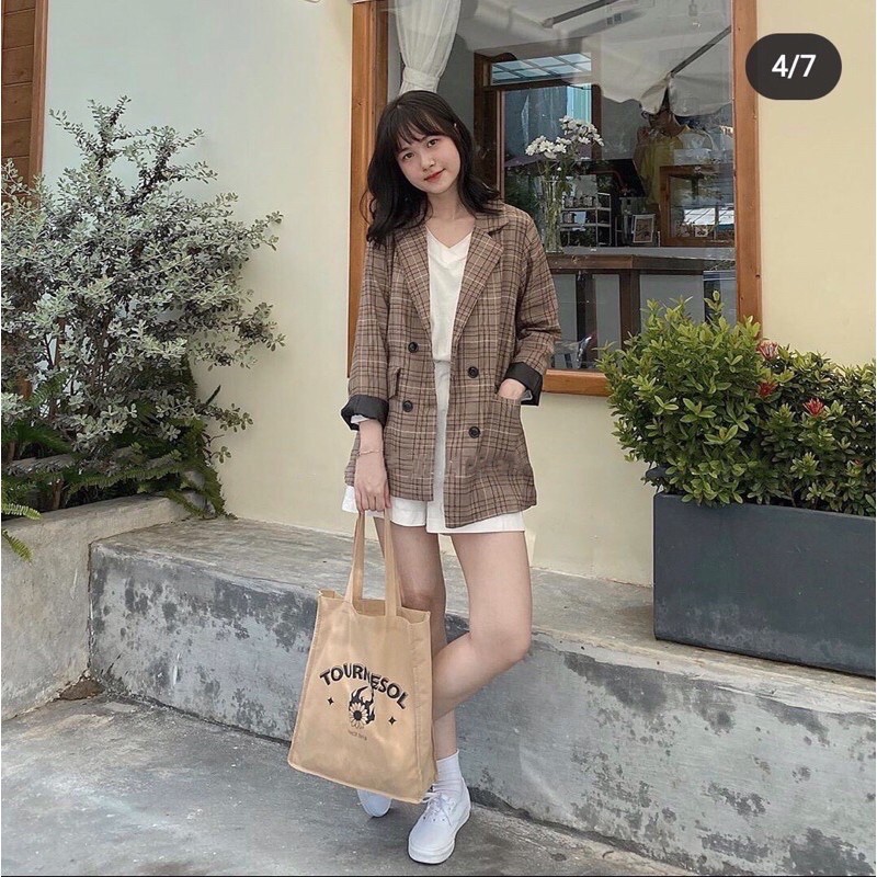 [Ảnh thật/Video]Áo blazer kẻ nâu 4 cúc Hàn Quốc/Áo blazer 2 lớp nắp túi màu kẻ nâu | BigBuy360 - bigbuy360.vn