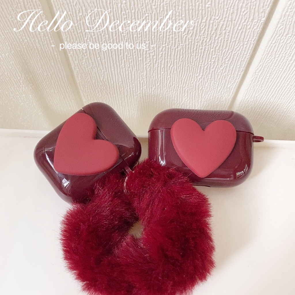 Plush Wine Red Love Heart compatible for Apple Airpods 1/2/3 Pro Case wireless bluetooth earphone Charging Cover