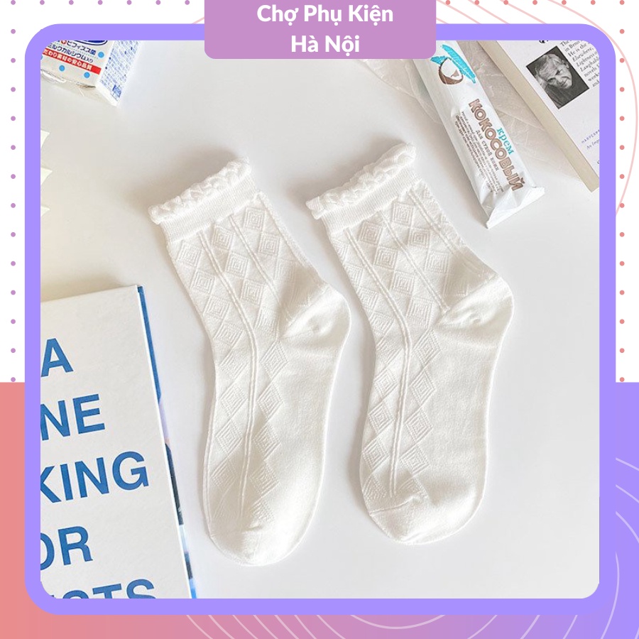Tất vớ trắng nữ cổ cao chất liệu vải Hàn co giãn bốn chiều phong cách Vintage Hàn Quốc AD07 Chợ Phụ Kiện Hà Nội