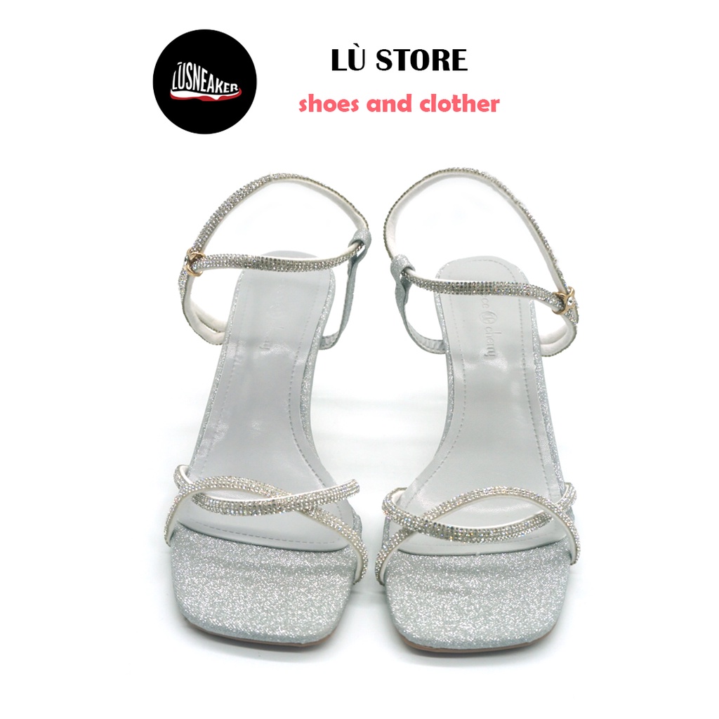 Sandal cao gót [ Lù Store] mũi vuông cao 7cm, hai màu hồng và bạc size từ 35-39