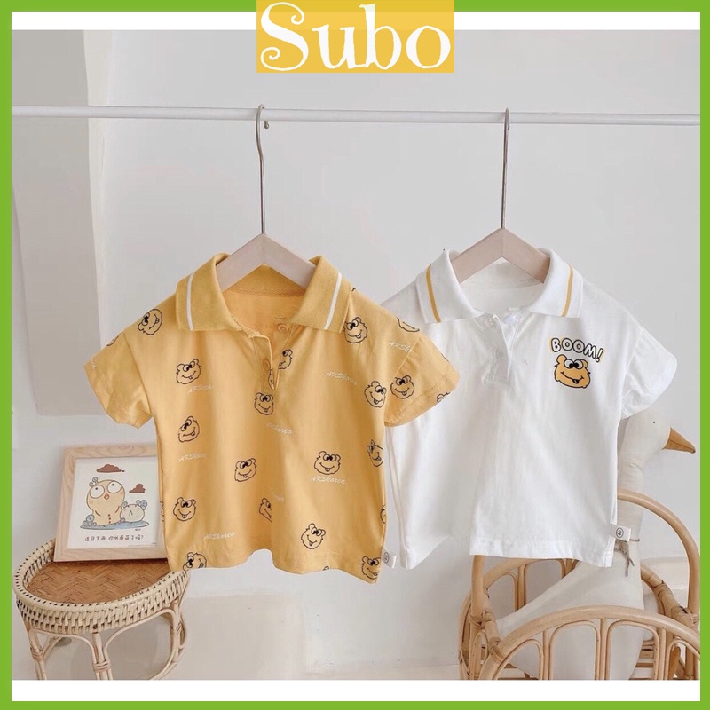 Áo có cổ cho bé trai hàng đẹp chất cotton mềm mịn co giãn 4 chiều in hình gâu đáng yêu_ Áo cộc tay cho bé từ 6- 16 kg