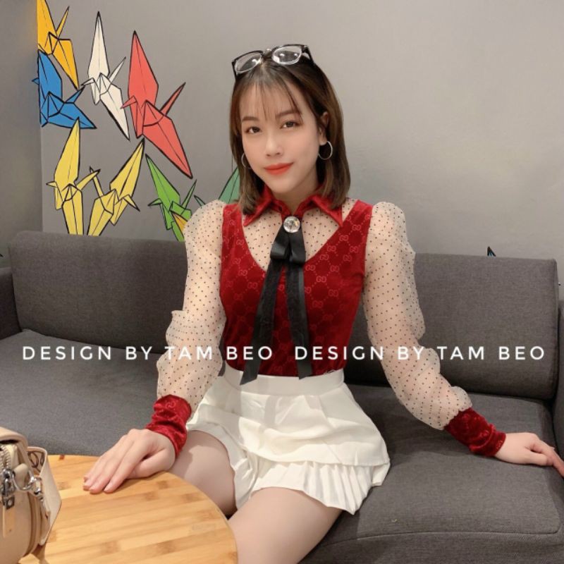 Áo Nhung Tay Phối Ren Sơ Mi Chấm Bi Loại 1( ảnh thật)
