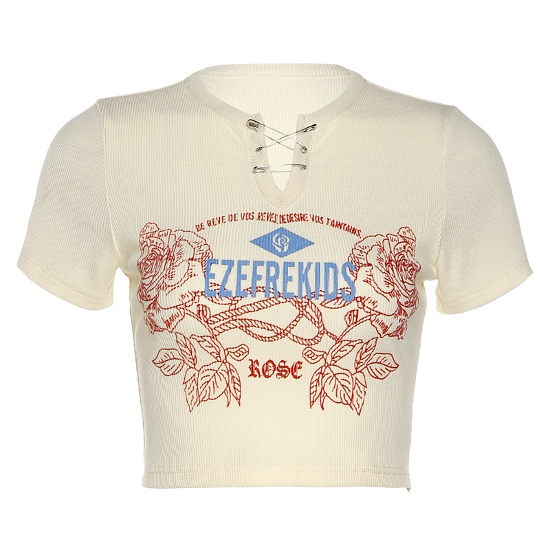 QKOOLE Áo thun nữ  ngắn tay in họa tiết phong cách Hàn Quốc