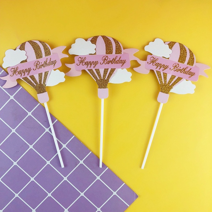 thẻ cắm trang trí bánh [FREESHIP❤️] sét 3 thẻ khinh khí cầu nhũ