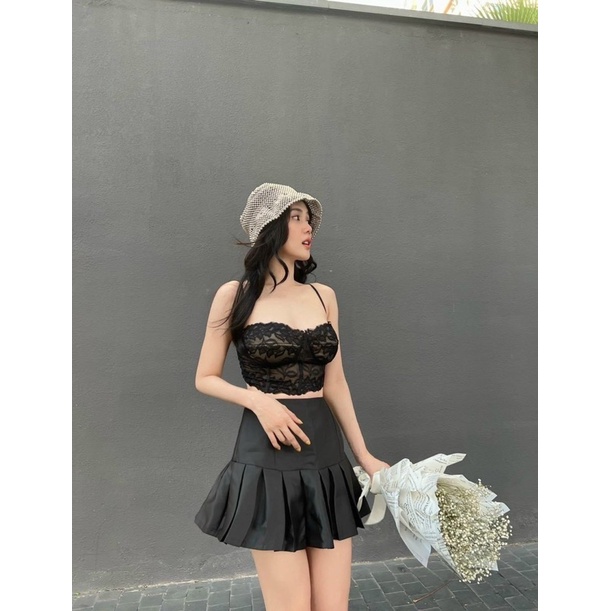 Set áo ren croptop 2 dây cúp ngực + chân váy tafta xoè ngắn xếp ly Trắng đen Đầm váy đi chơi dạo phố du lịch hotgirl tk