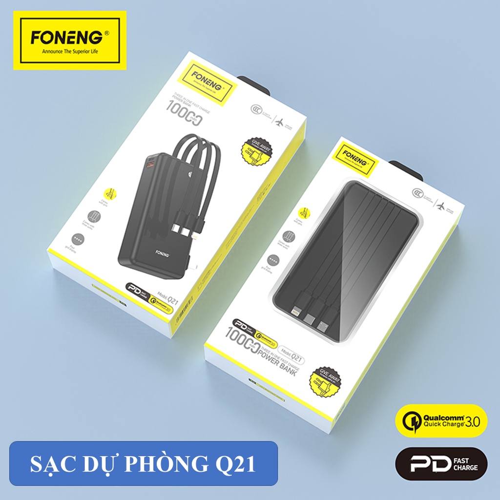 Pin Sạc dự phòng FONENG Q21 10000mAh 18W Kèm 3 Dây sạc Siêu Bền, Cáp sạc cổng USB , bảo hành 1 năm