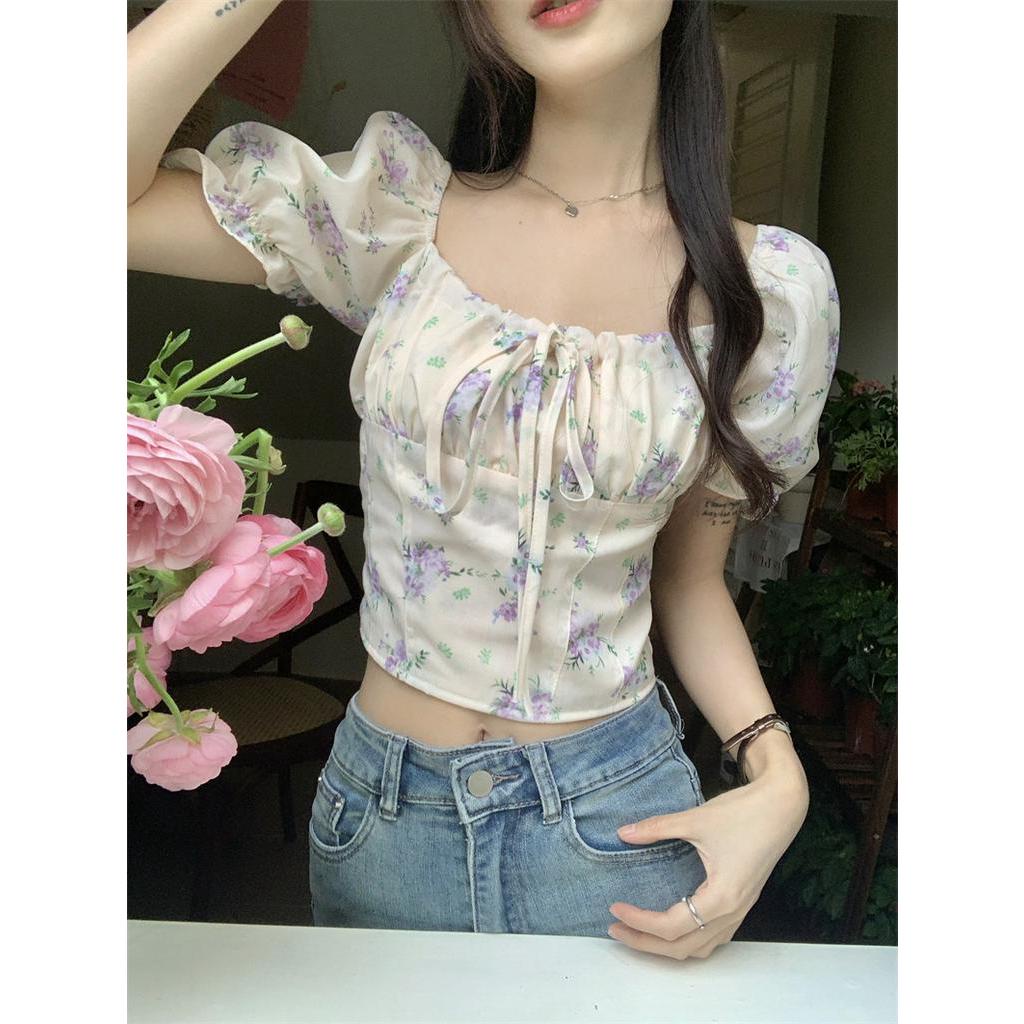 Áo Hoa Tay Phồng Cột Dây Dáng Ôm Co Giãn Phong Cách Hàn Quốc 63375