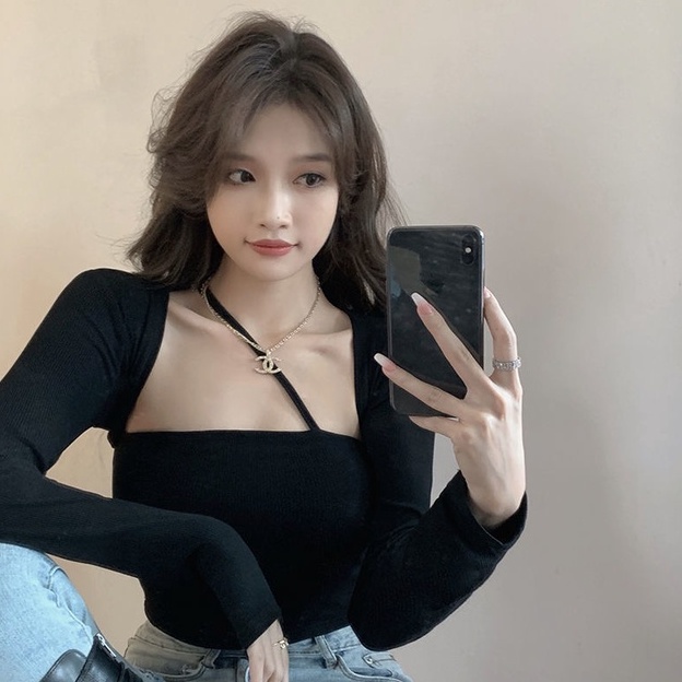 Áo thun COZOKC ngắn tay dài cổ vuông giả hai lớp thời trang