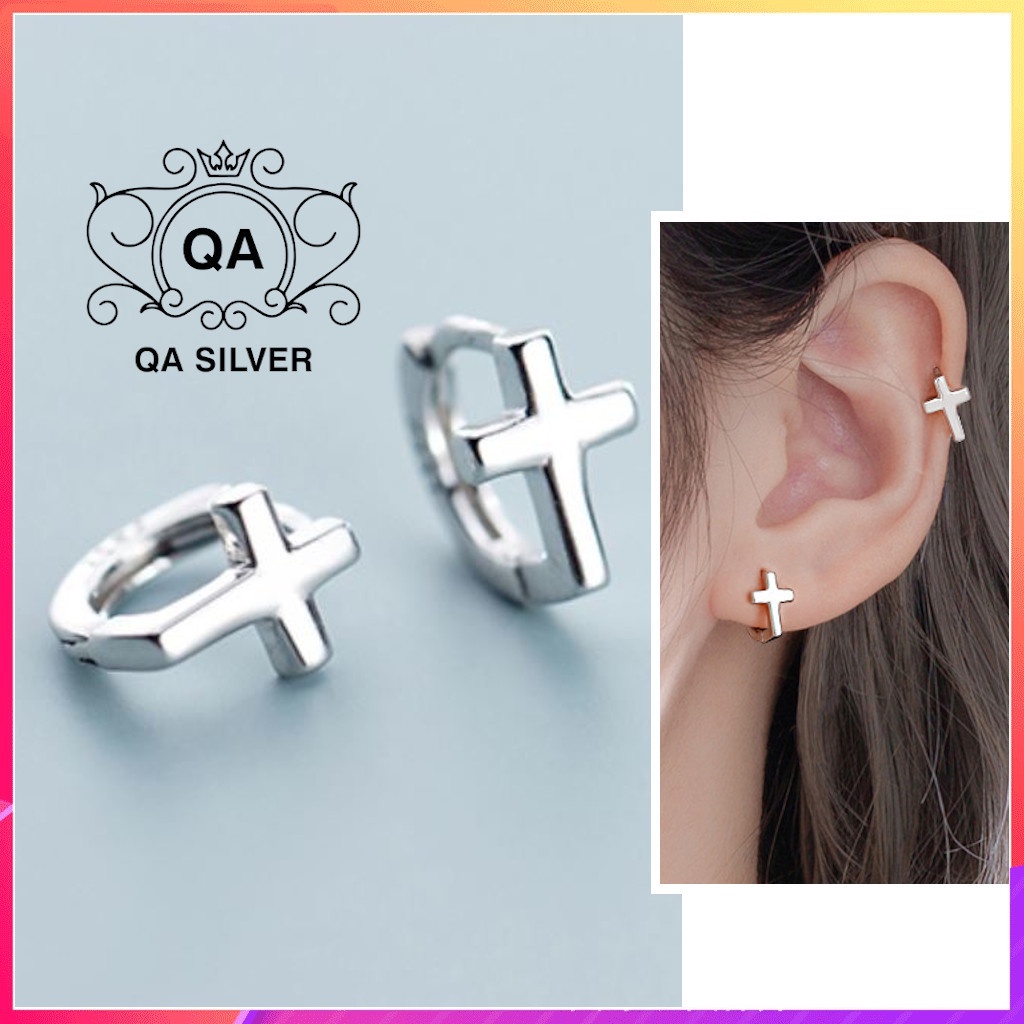 Khuyên tai bạc nam chữ thập tự bông tai thánh giá chốt lẫy S925 CROSS Silver Earrings QA SILVER EA200602