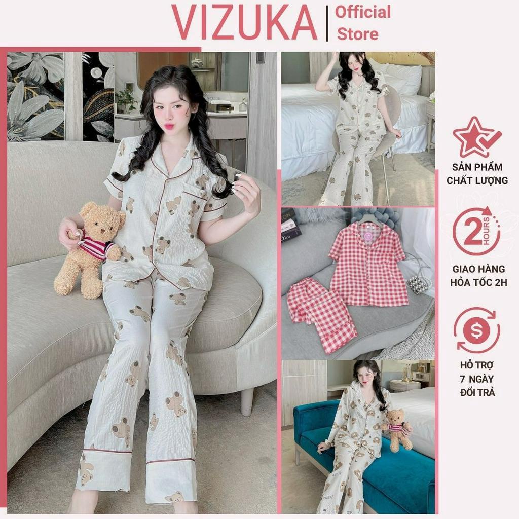 Đồ ngủ nữ Pijama mặc nhà chất liệu xốp nhún tay ngắn quần dài siêu mềm mịn dễ thương VIZUKA