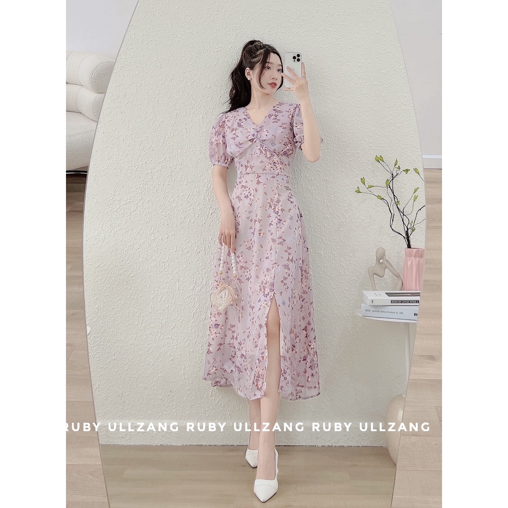 Váy hoa cổ chéo xẻ đùi sang chảnh