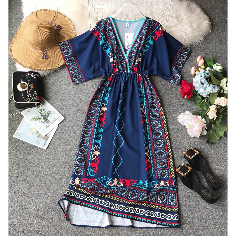 Váy Maxi Thổ Cẩm Boho Đi Biển Xòe Họa Tiết Hình Khối Tay Lỡ Thời Trang Du Lịch Hè V00079 | BigBuy360 - bigbuy360.vn
