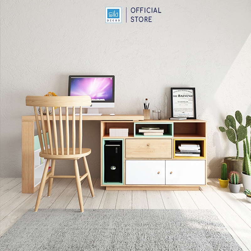 Bàn Làm Việc Tại Nhà Sáng Tạo Kèm Tủ Sách Phong Cách Bắc Âu Thương Hiệu SIB Decor (Không Gồm Ghế