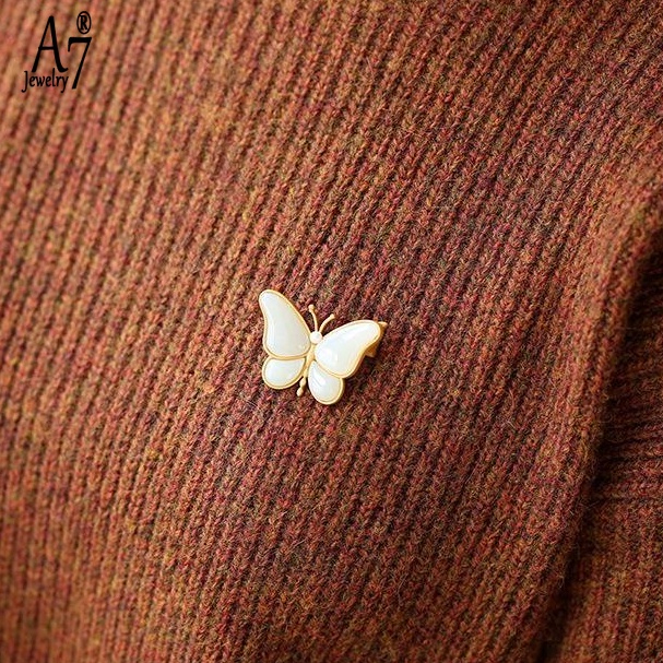 Ghim Cài Áo Hình Bướm Bằng Ngọc Bích Trắng S925 Mạ Vàng 18K Chống Thấm Nước Phong Cách Vintage