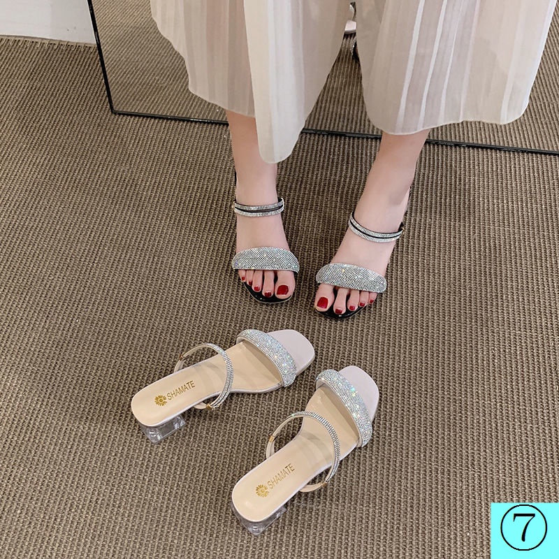 Giày Sandal Gót Vừa Dày Trung Bình Đính Đá Thời Trang Mùa Hè Kiểu Pháp Hàng Mới Dành Cho Nữ 2022