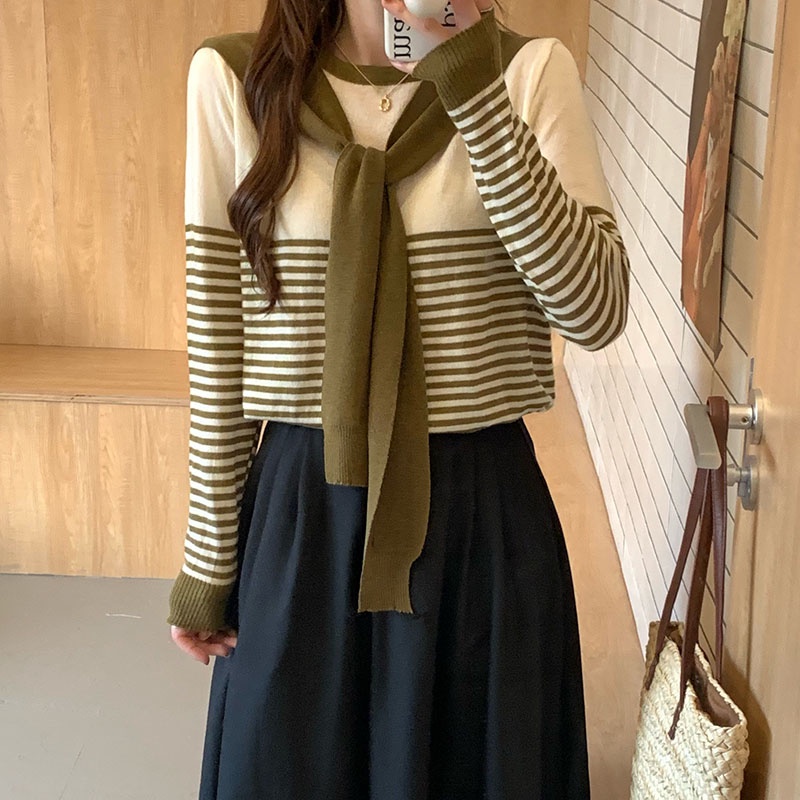 【ZHELIHANGFEI】Áo Dệt Kim Tay Dài Dáng Rộng Kẻ Sọc Giả Hai Lớp Dễ Phối Đồ