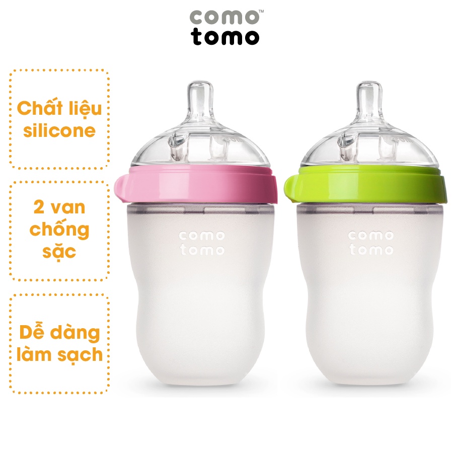 Bình sữa Comotomo Mỹ 250ml chất liệu silicone cao cấp, mềm mại như ti mẹ  - xanh, hồng