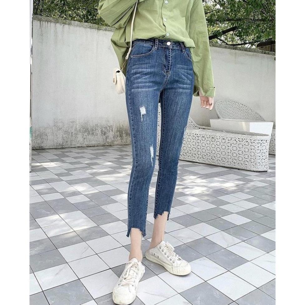 Quần jean 9 tấc BIG SIZE lưng cao trên rốn, co dãn mạnh, màu xanh đậm 3022 lai rách kiểu Đẹp *