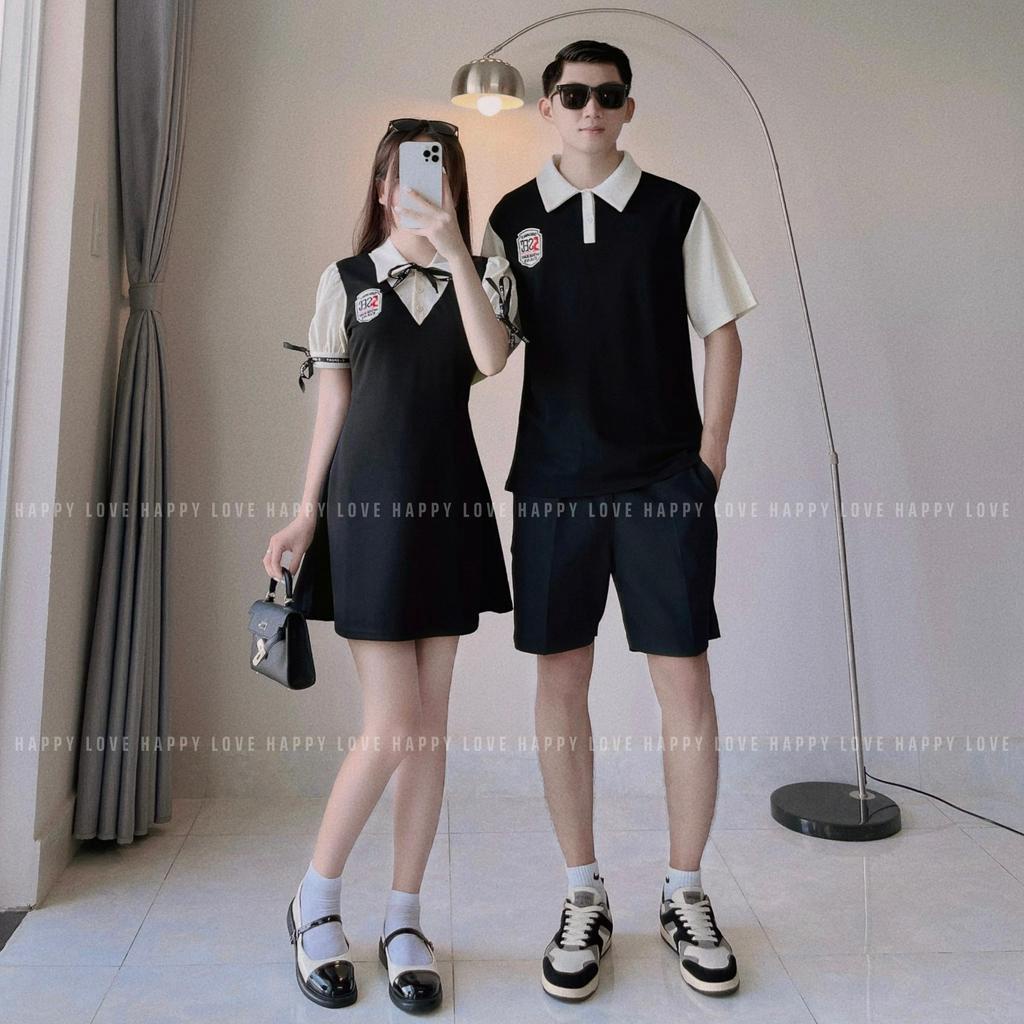 Đồ đôi nam nữ couple set áo váy polo màu đen logo thêu phong cách hàn quốc HAPPYLOVE H86