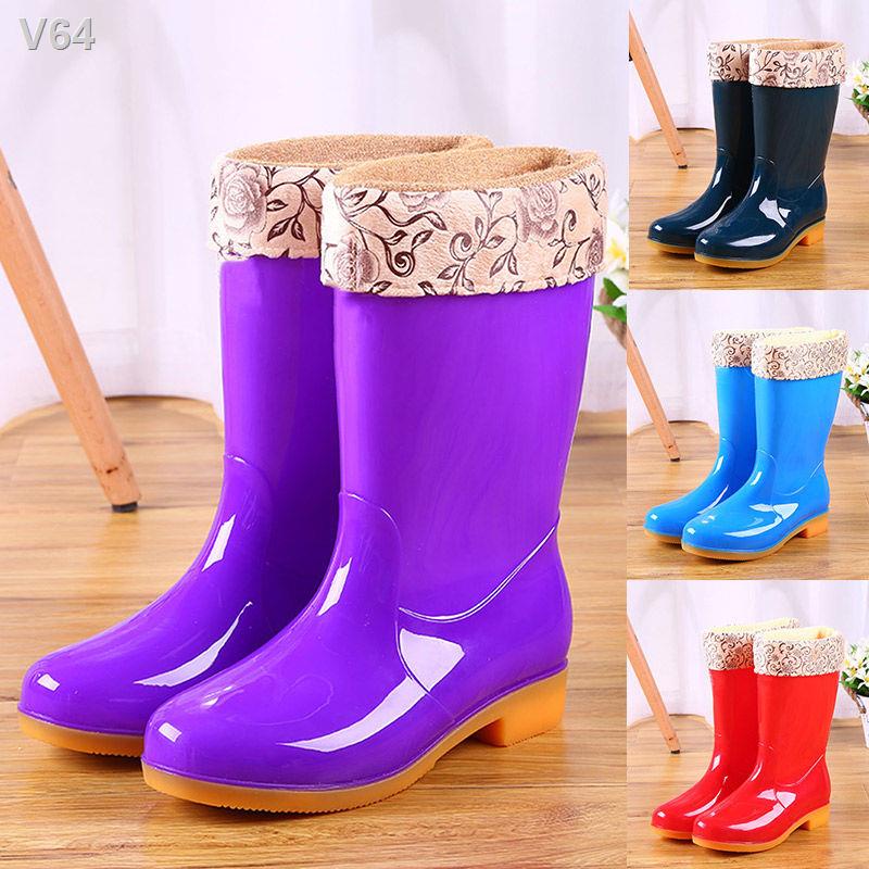 ●Sang trọng bông ủng đi mưa giày không thấm nước cao su overshoes thời trang của phụ nữ trong ống để giữ ấm cho người lớ