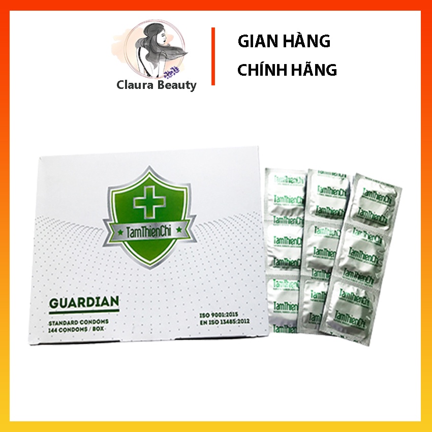 Bao cao su Tâm Thiện Chí Guardian mỏng trơn hộp 144 cái tặng 1 chai gel kháng khuẩn Emilar 50g Claura Beauty