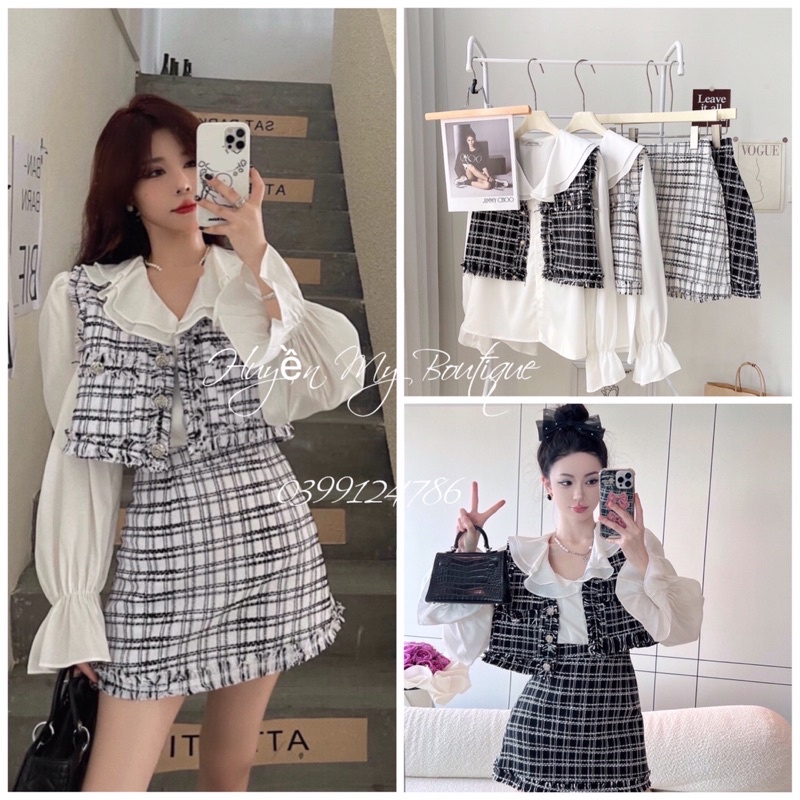 Sét dạ Tweed phối sơ mi tay phồng tiểu thư sang chảnh  Quảng Châu Cao Cấp / Sét dạ 3 món thời trang Hàn Quốc