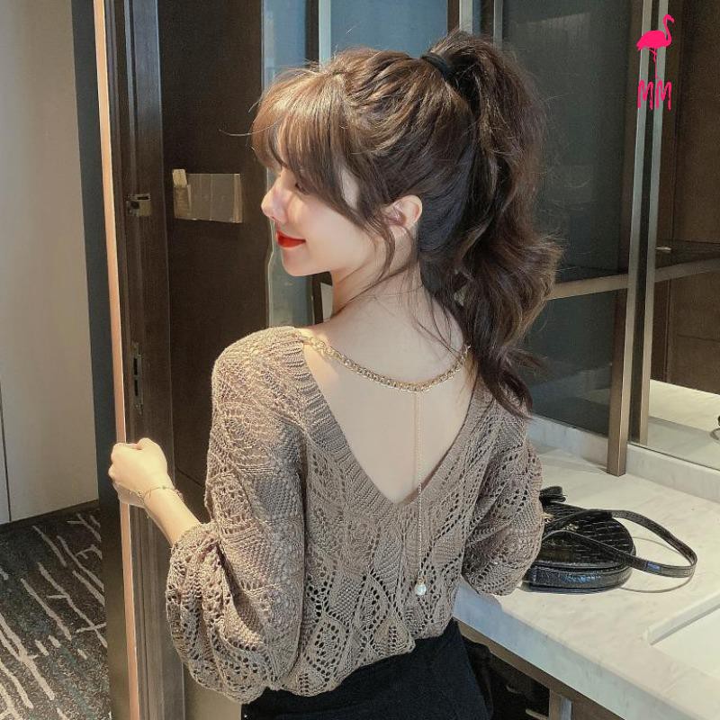 Áo Voan Dệt Kim Mỏng Cổ Yếm Gợi Cảm Phong Cách Mùa Thu 2020 Cho Nữ