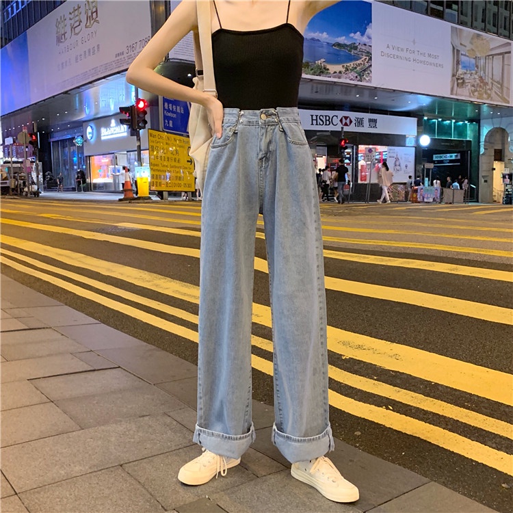 Quần Jean Cạp Chun Khuy Bấm NữJeans ống rộng lưng cao chun sau tùy chỉnh quần culottes bò SIÊU HOT nút