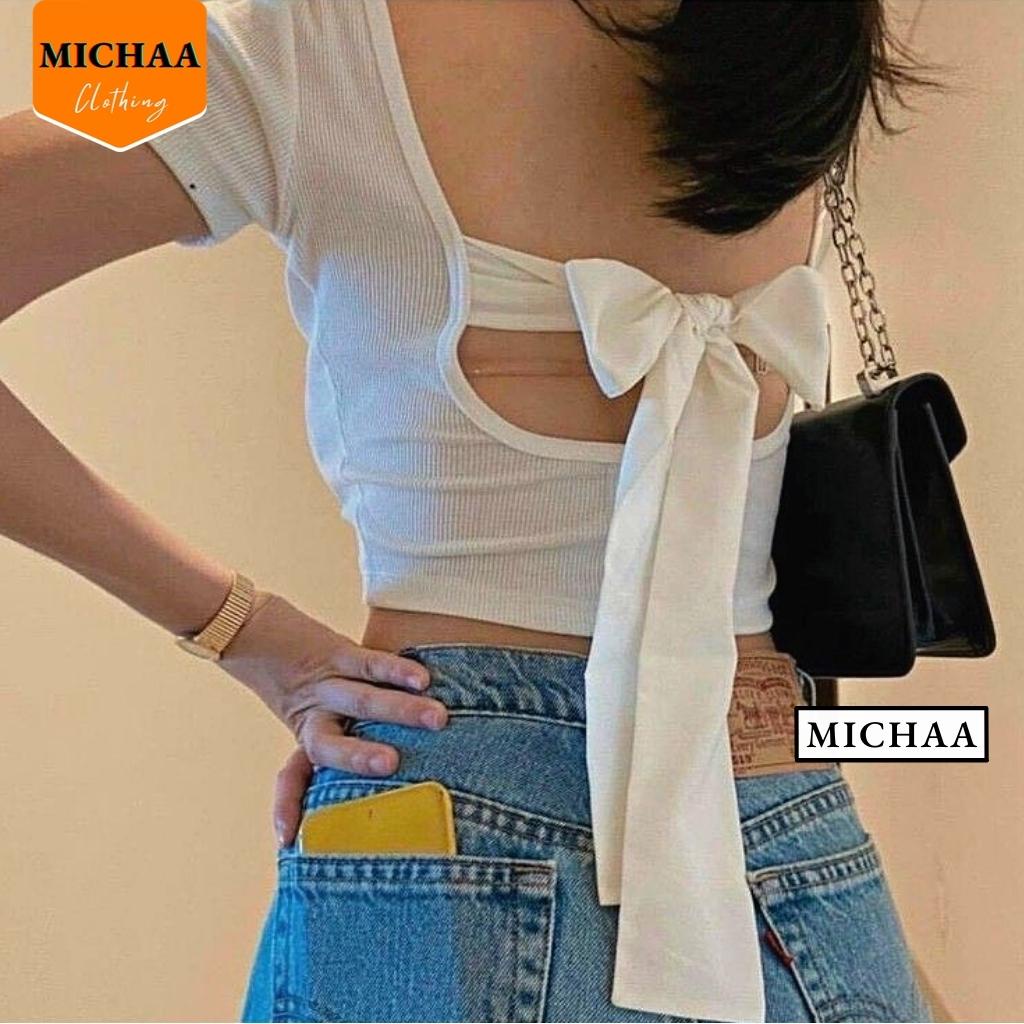 Áo Croptop BUỘC NƠ LƯNG Cổ Vuông Nữ Thun Gân Kiểu Ôm Body Sexy Đẹp 2 Màu - MICHAA