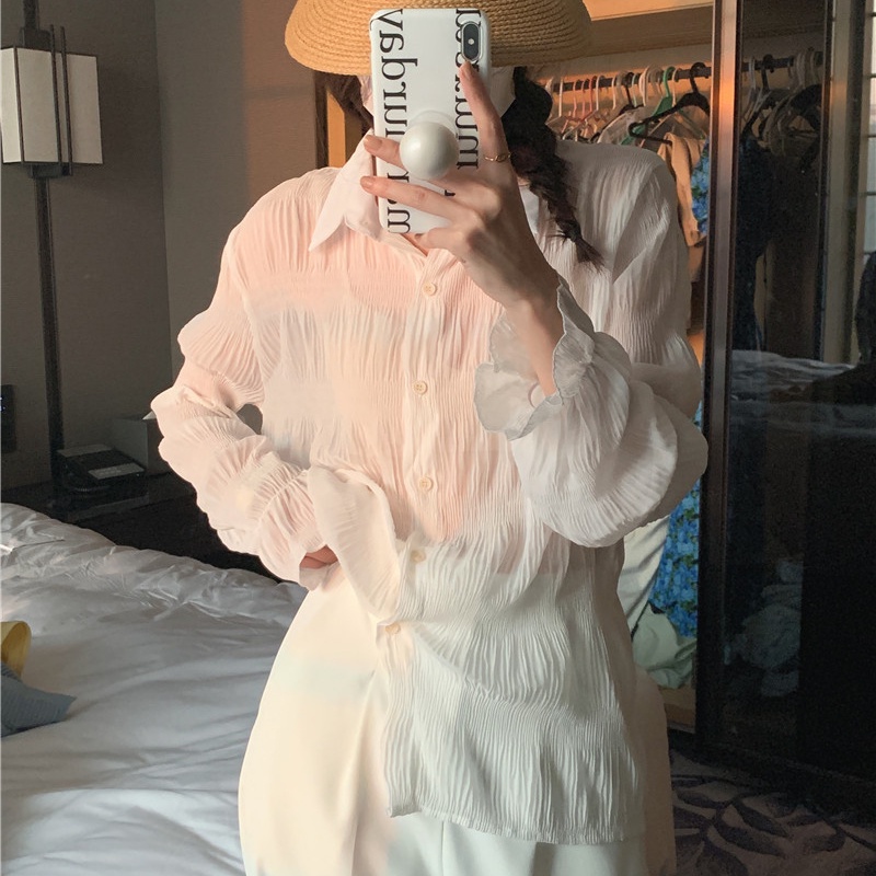 SUXI Set Áo Sơ Mi Dài Tay Trong Suốt + Áo Len Không Tay Phong Cách Hàn Quốc Dành Cho Nữ