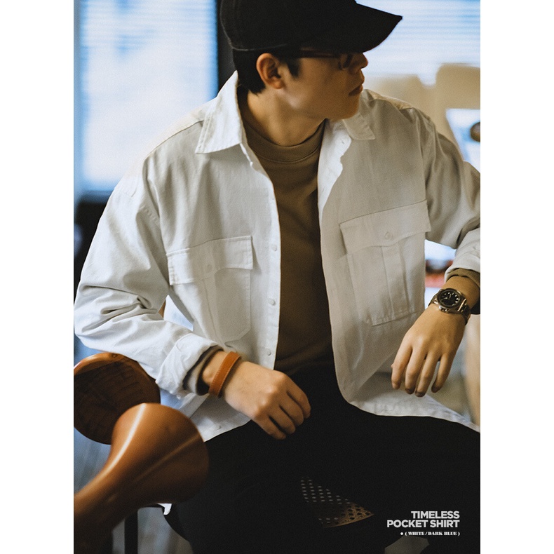 Áo sơ mi MADEN cotton tay dài dáng rộng phối túi phong cách Nhật Bản retro thời trang mới dành cho nam