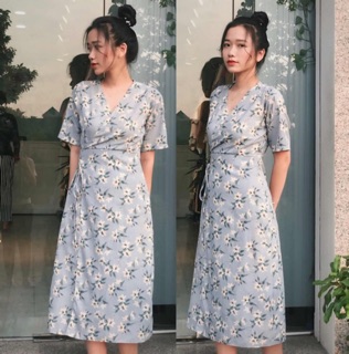 Đầm maxi hoa chéo tà nơ eo cực đẹp ulzzang