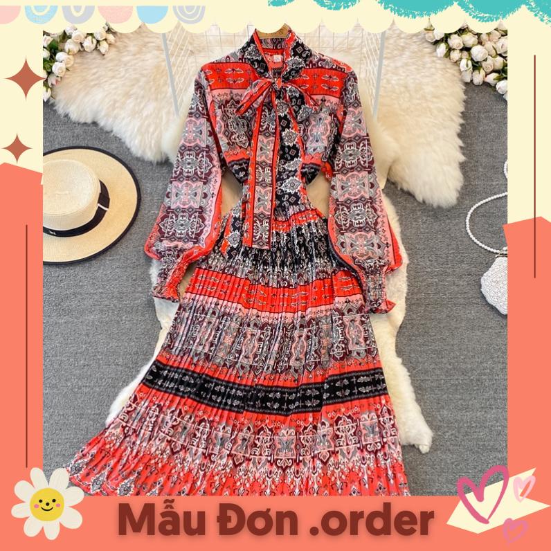 (Mẫu Đơn.order) Đầm tay dài họa tiết phối màu 6 màu đầm xếp ly chiết eo thanh lịch tao nhã thắt nơ cổ