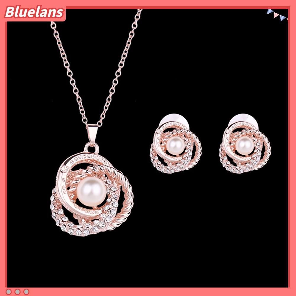 Bộ dây chuyền + bông tai nụ đính đá và ngọc trai giả sang trọng thanh lịch