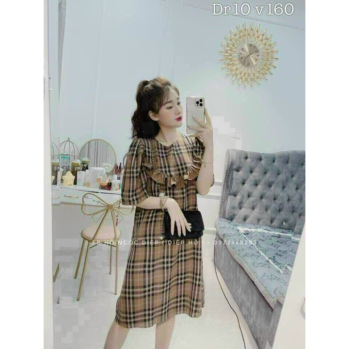 Đầm caro nâu dáng suông cổ bèo, đầm tiểu thư tay ngắn from xoè nhe cho nàng bầu, đầm nâu basic đơn giản dạo phố xinh xắn