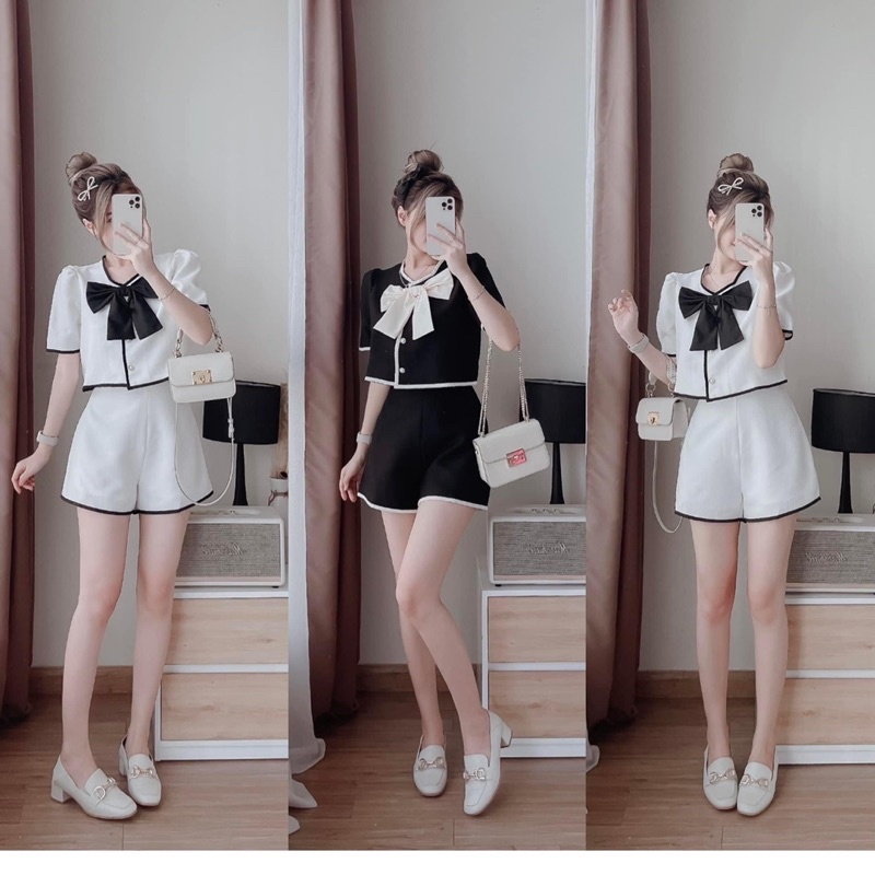 Set áo croptop cổ vuông phối quần đùi