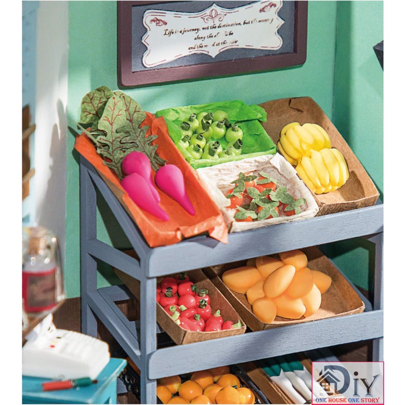 [Bản tiếng Anh]Mô hình nhà búp bê lắp ráp bằng gỗ Dollhouse DIY CARL'S FRUIT SHOP - Robotime mã DG142 (Kèm keo + nhíp)