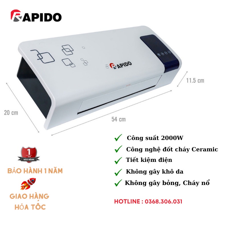 Máy sưởi gốm RAPIDO cảm ứng RCH2000D Điều khiển điện tử, điều khiển từ xa BH chính hãng 12 tháng