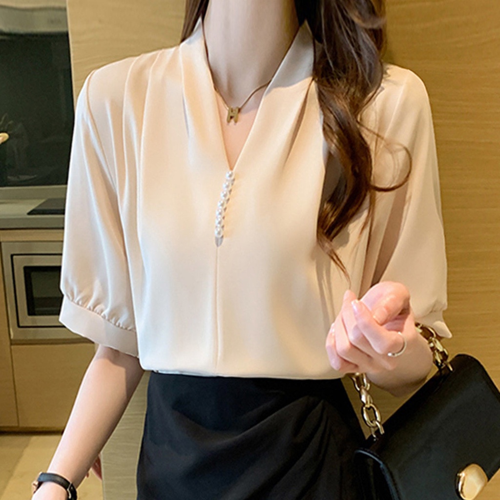 Áo Kiểu Chiffon Cổ Chữ V Đính Ngọc Trai Phong Cách Pháp