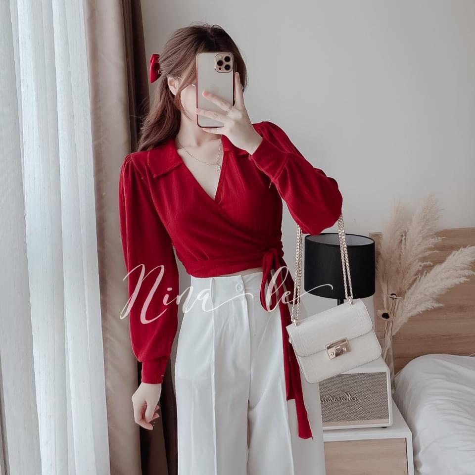 Set áo chéo vạt thắt nơ mix quần sớ