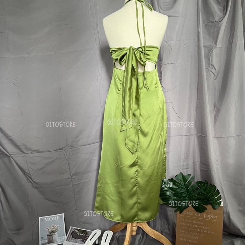 ĐẦM CỔ YẾM MIDI XANH  CỘT NƠ LƯNG 2 DÂY - GD236