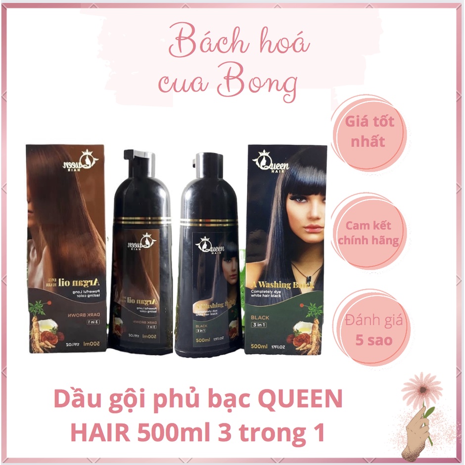 Dầu gội phủ bạc QUEEN HAIR 500ml 3 trong 1 nhuộm tóc đen, tóc nâu từ thảo dược tự nhiên, an toàn cho da đầu